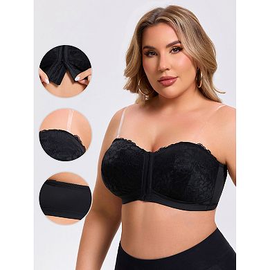Women's Lace Tube Front Closure Push Up Padded Underwire Bandeau Convertible Strapless Bras