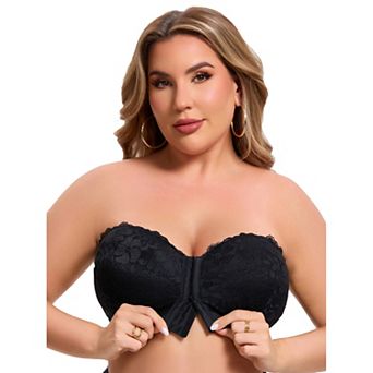 Women's Lace Tube Front Closure Push Up Padded Underwire Bandeau Convertible Strapless Bras