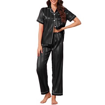 Women's Button Down Pajamas Set Satin Silky Jacquard Striped Soft Short Sleeve 2 pc Sleepwear