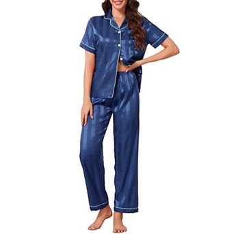 Women's Button Down Pajamas Set Satin Silky Jacquard Striped Soft Short Sleeve 2 pc Sleepwear
