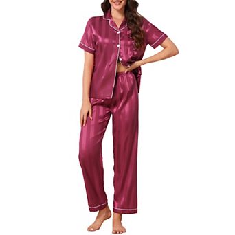 Women's Button Down Pajamas Set Satin Silky Jacquard Striped Soft Short Sleeve 2 pc Sleepwear