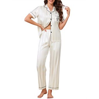 Women's Button Down Pajamas Set Satin Silky Jacquard Striped Soft Short Sleeve 2 pc Sleepwear