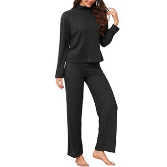Women's Pajama Sets Ribbed Knit Long Sleeve Turtleneck Top Wide Leg Pants 2 pc Loungewear Sets