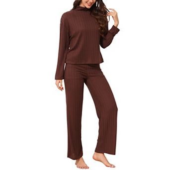 Women's Pajama Sets Ribbed Knit Long Sleeve Turtleneck Top Wide Leg Pants 2 pc Loungewear Sets