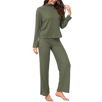 Women's Pajama Sets Ribbed Knit Long Sleeve Turtleneck Top Wide Leg Pants 2 pc Loungewear Sets