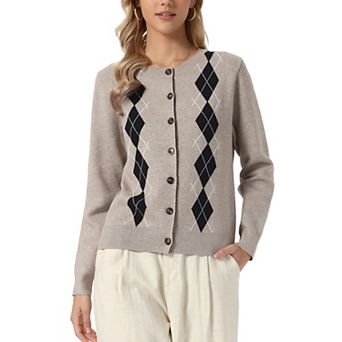 Women's Cardigan Sweater Argyle Long Sleeve Crew Neck Open Front Button Down Casual Knit Cardigan