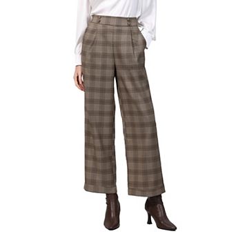 Women's Plaid Work Pant High Waist Houndstooth Wide Leg Straight Long Trousers
