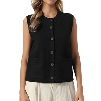 Sweater Vest Top for Women's Sleeveless Crew Neck Button Down Casual Cardigan Sweater with Pockets