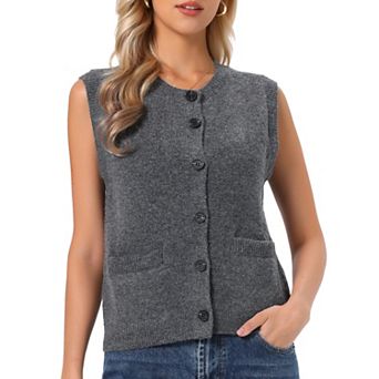 Sweater Vest Top for Women's Sleeveless Crew Neck Button Down Casual Cardigan Sweater with Pockets