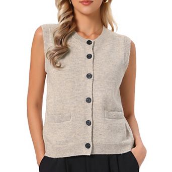 Sweater Vest Top for Women's Sleeveless Crew Neck Button Down Casual Cardigan Sweater with Pockets