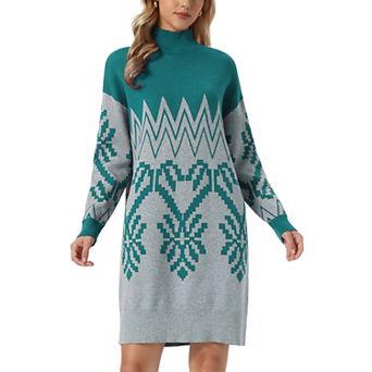 Knitted Sweater Dress for Women's Mock Neck Long Sleeve Pattern Ribbed Knee-Length Sweater Dress