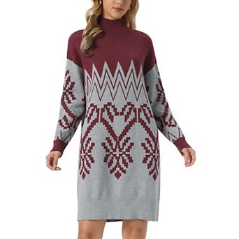 Knitted Sweater Dress for Women's Mock Neck Long Sleeve Pattern Ribbed Knee-Length Sweater Dress