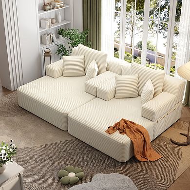 Oversized Double Chaise Lounge 2-Piece Set, Plush Corduroy Convertible Sofa Bed with 6 Pillows