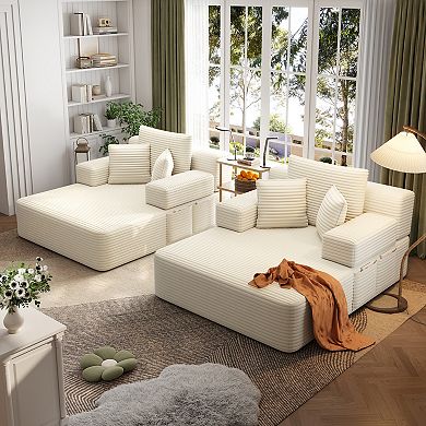 Oversized Double Chaise Lounge 2-Piece Set, Plush Corduroy Convertible Sofa Bed with 6 Pillows
