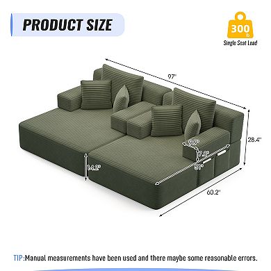 Oversized Double Chaise Lounge 2-Piece Set, Plush Corduroy Convertible Sofa Bed with 6 Pillows