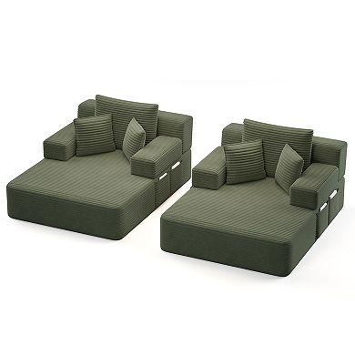 Oversized Double Chaise Lounge 2-Piece Set, Plush Corduroy Convertible Sofa Bed with 6 Pillows
