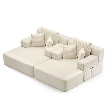Oversized Double Chaise Lounge 2 pc Set, Plush Corduroy Convertible Sofa Bed with 6 Pillows