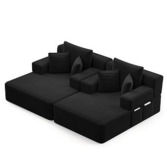 Oversized Double Chaise Lounge 2 pc Set, Plush Corduroy Convertible Sofa Bed with 6 Pillows