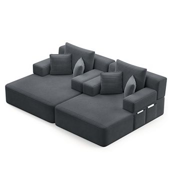 Oversized Double Chaise Lounge 2 pc Set, Plush Corduroy Convertible Sofa Bed with 6 Pillows