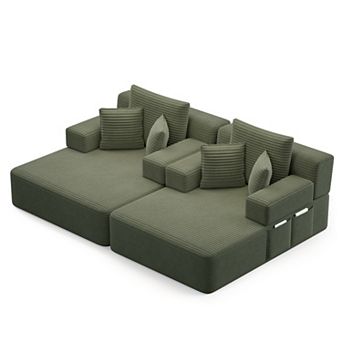 Oversized Double Chaise Lounge 2 pc Set, Plush Corduroy Convertible Sofa Bed with 6 Pillows