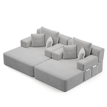 Oversized Double Chaise Lounge 2 pc Set, Plush Corduroy Convertible Sofa Bed with 6 Pillows