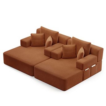 Oversized Double Chaise Lounge 2 pc Set, Plush Corduroy Convertible Sofa Bed with 6 Pillows