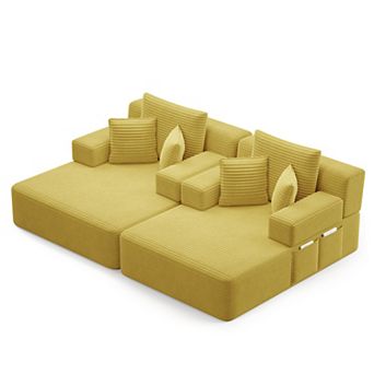 Oversized Double Chaise Lounge 2 pc Set, Plush Corduroy Convertible Sofa Bed with 6 Pillows