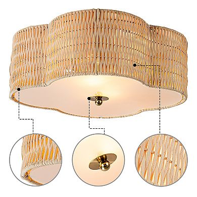 C Cattleya 2-Light Farmhouse Rattan Flower Ceiling Flush Mount with Glass Bottom
