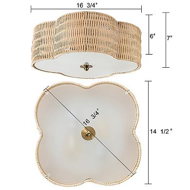 C Cattleya 2-Light Farmhouse Rattan Flower Ceiling Flush Mount with Glass Bottom