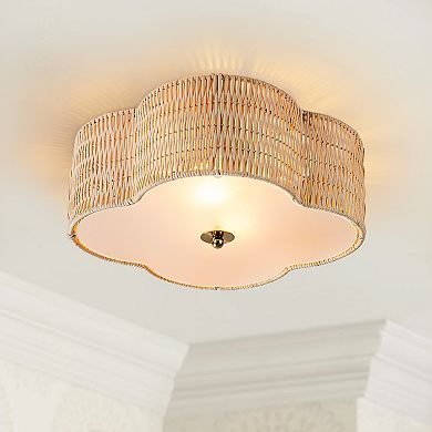 C Cattleya 2-Light Farmhouse Rattan Flower Ceiling Flush Mount with Glass Bottom