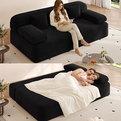 78.7" Frameless Sofa Corduroy Sofa,2-in-1 Convertible Floor Sofa Bed with 3 Pillows