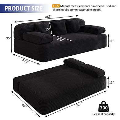 78.7" Frameless Sofa Corduroy Sofa,2-in-1 Convertible Floor Sofa Bed with 3 Pillows
