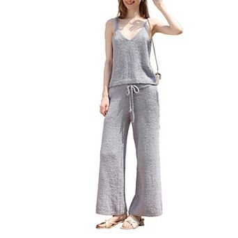 Women's 2 pc Loungewear Set, Soft Knit Cami Top, Drawstring Wide Leg Pants