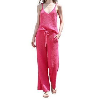 Women's 2 pc Loungewear Set, Soft Knit Cami Top, Drawstring Wide Leg Pants