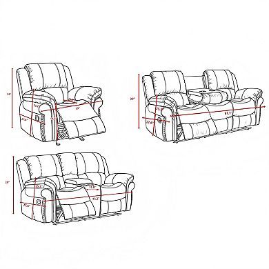 3 piece set of Recliner, 2-seater & 3 seater sofa with Console, Drop-Down Table and Cupholders