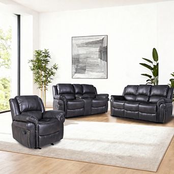 3 pc set of Recliner, 2-seater & 3 seater sofa with Console, Drop-Down Table and Cupholders