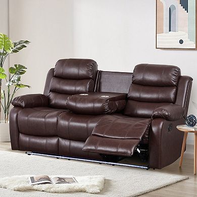 77.17'' Faux Leather Manual Reclining Sofa With LED Lighting & Cup Holders