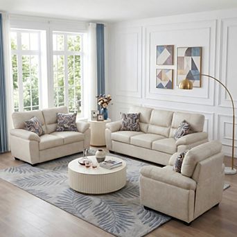 Leathaire 3 pc Sofa Set with 5 Accent Pillows, 3-Seater + 2-Seater + Single Chair