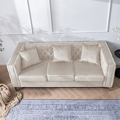 84.65" Velvet Sofa With Rivet Accents - Light Luxury Living Room Sofa