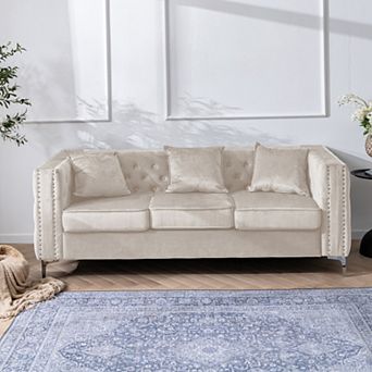 84.65" Velvet Sofa With Rivet Accents - Light Luxury Living Room Sofa