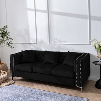 84.65" Velvet Sofa With Rivet Accents - Light Luxury Living Room Sofa