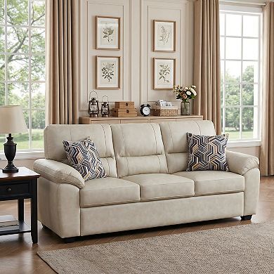 80.5" Leathaire 3-Seater Sofa with 2 Accent Pillows For Modern Living Room