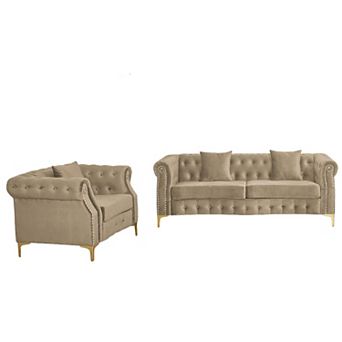 2 pc Chesterfield Velvet Armchair and 3-Seater Sofa Set