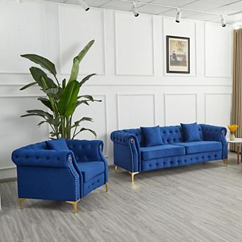 2 pc Chesterfield Velvet Armchair and 3-Seater Sofa Set