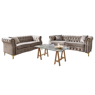2-Piece Retro Chesterfield Velvet Sofa Set For Living Room