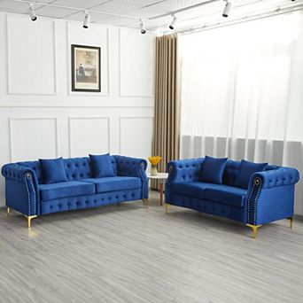 2 pc Retro Chesterfield Velvet Sofa Set For Living Room