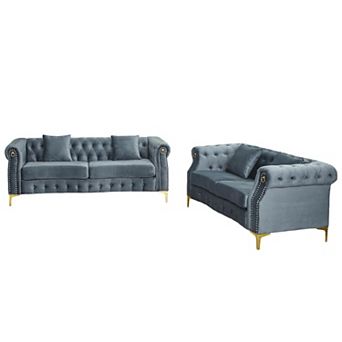 2 pc Retro Chesterfield Velvet Sofa Set For Living Room