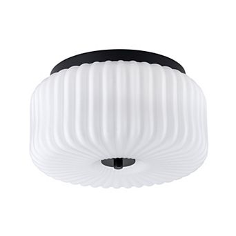 C Cattleya 10.75-Inch Black Flush Mount Ceiling Light with White Frosted Ribbed Glass Shade