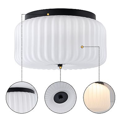 C Cattleya 10.75-Inch Black Flush Mount Ceiling Light with White Frosted Ribbed Glass Shade