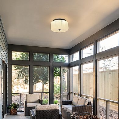 C Cattleya 10.75-Inch Black Flush Mount Ceiling Light with White Frosted Ribbed Glass Shade